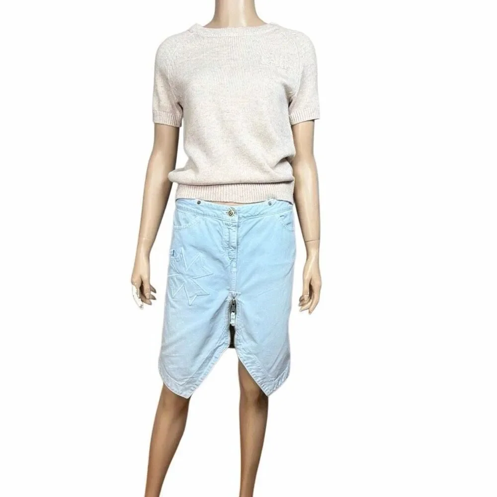 Fake London Genius Light Blue Cotton Zip Front Midi Skirt Vintage Style Boho Pun
